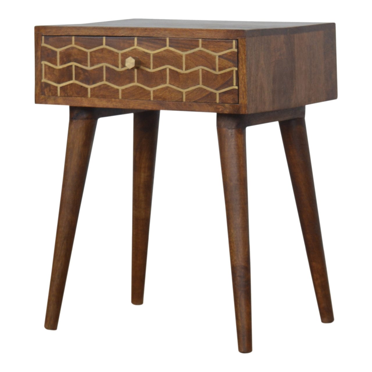 Gold Art Pattern Nightstand - Solid Mango Wood Bedside Table for Bedroom - main view showing handcrafted solid mango wood...