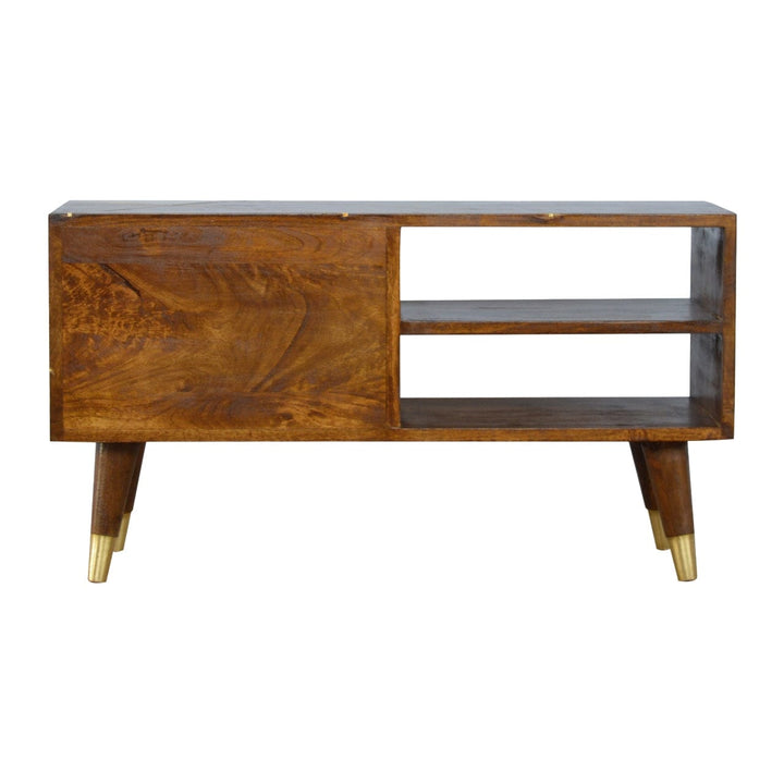 Gold Geo Chestnut TV Stand - Solid Mango Wood Entertainment Center for Living Room - product view 8 showing handcrafted...