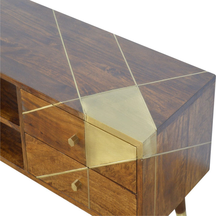 Gold Geo Chestnut TV Stand - Solid Mango Wood Entertainment Center for Living Room - product view 5 showing handcrafted...