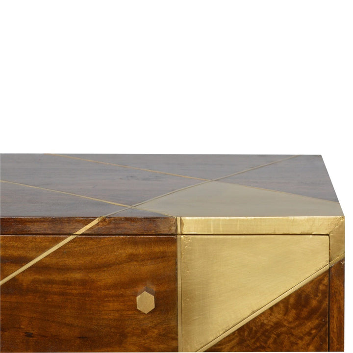 Gold Geo Chestnut TV Stand - Solid Mango Wood Entertainment Center for Living Room - product view 4 showing handcrafted...