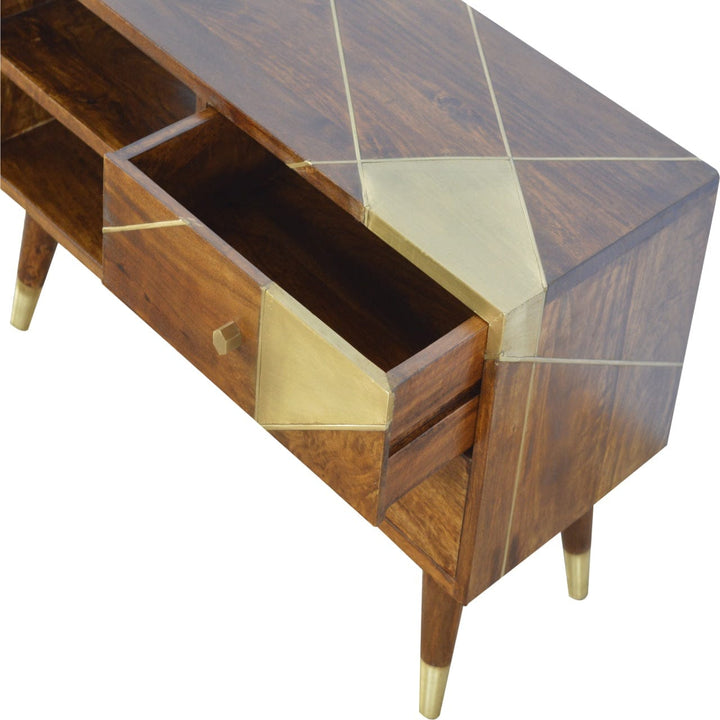 Gold Geo Chestnut TV Stand - Solid Mango Wood Entertainment Center for Living Room - product view 3 showing handcrafted...