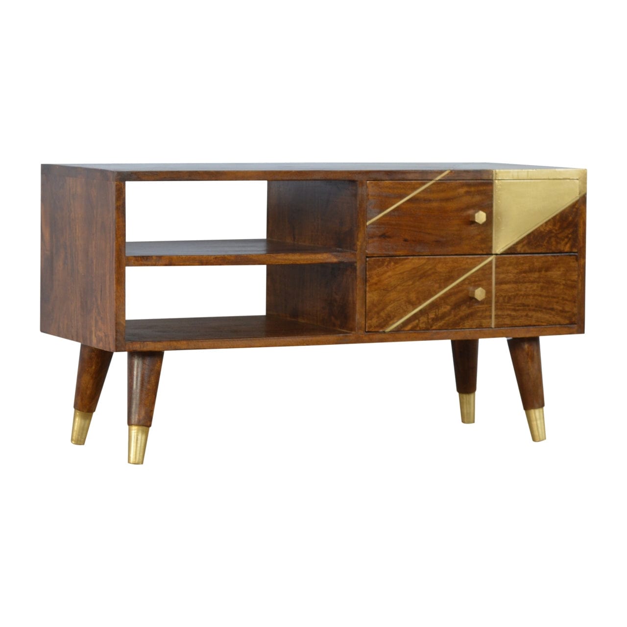 Gold Geo Chestnut TV Stand - Solid Mango Wood Entertainment Center for Living Room - product view 2 showing handcrafted...