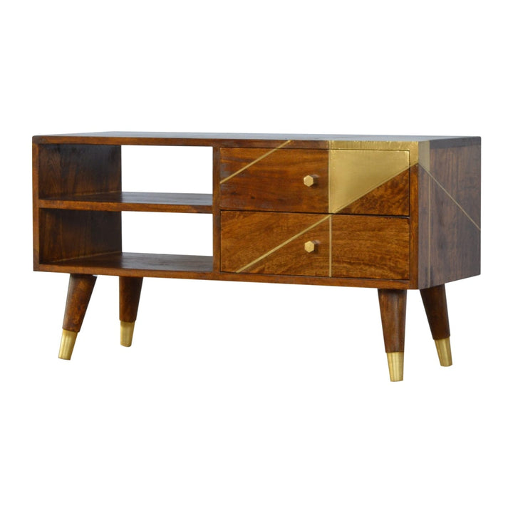 Gold Geo Chestnut TV Stand - Solid Mango Wood Entertainment Center for Living Room - main view showing handcrafted solid...