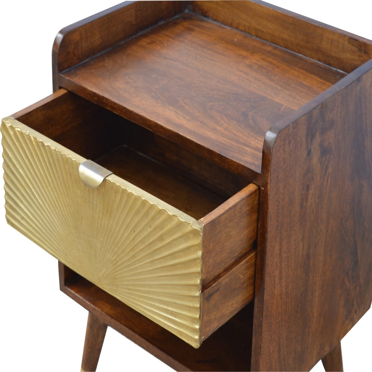 Gold One Drawer Nightstand - Solid Mango Wood Bedside Table for Bedroom - product view 4 showing handcrafted solid mango...