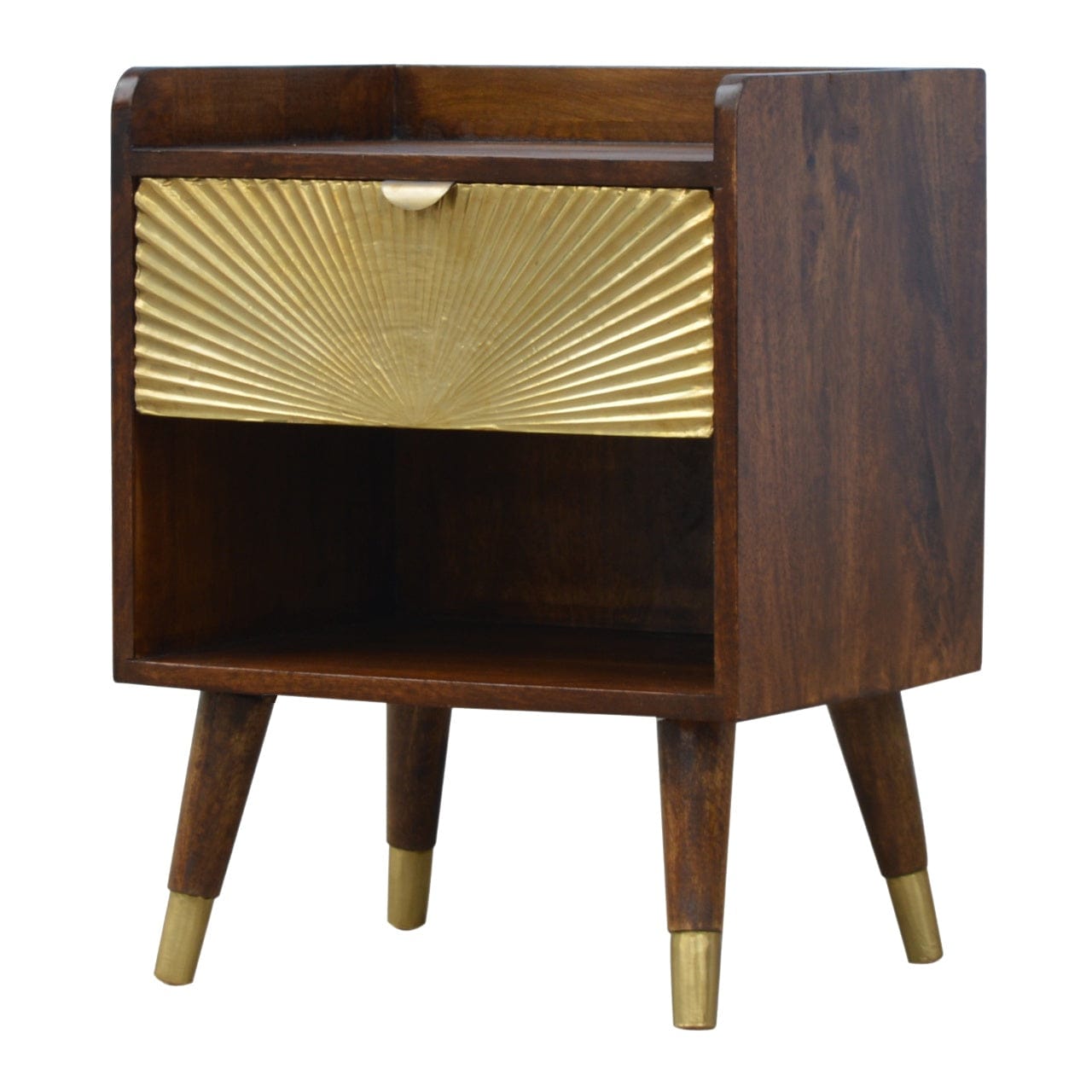 Gold One Drawer Nightstand - Solid Mango Wood Bedside Table for Bedroom - product view 3 showing handcrafted solid mango...