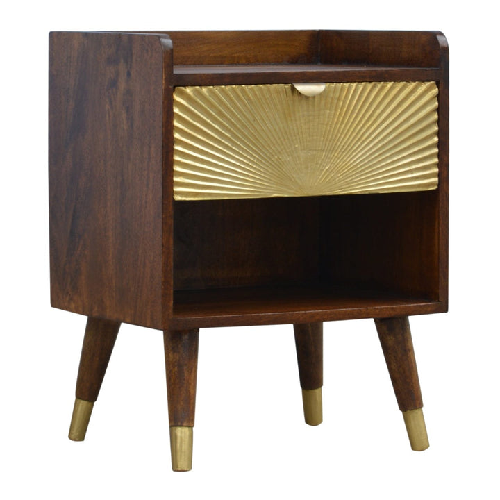 Gold One Drawer Nightstand - Solid Mango Wood Bedside Table for Bedroom - product view 2 showing handcrafted solid mango...
