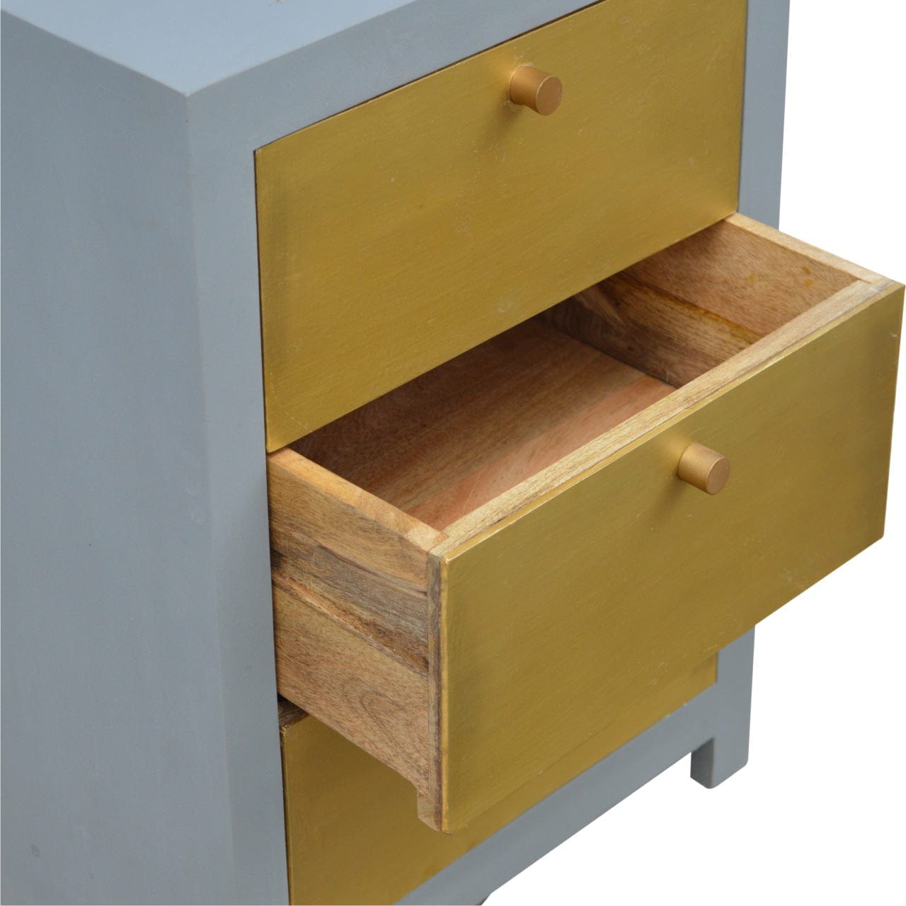 Gold x Cement Nightstand - Solid Mango Wood Bedside Table for Bedroom - product view 6 showing handcrafted solid mango...