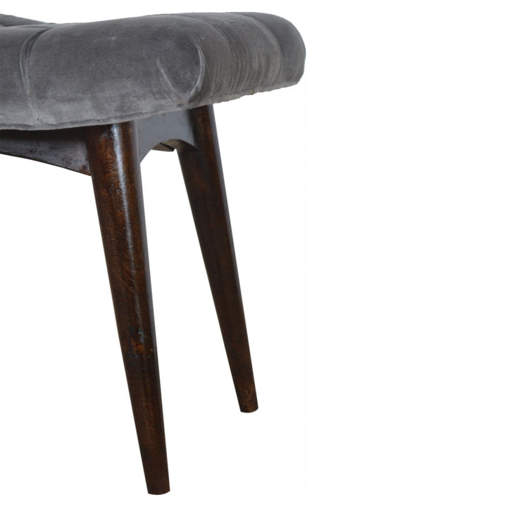 Grey Cotton Velvet Curved Bench - Solid Mango Wood Seating Furniture for Entryway - product view 5 showing handcrafted...
