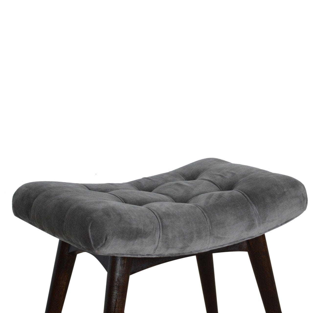 Grey Cotton Velvet Curved Bench - Solid Mango Wood Seating Furniture for Entryway - product view 4 showing handcrafted...