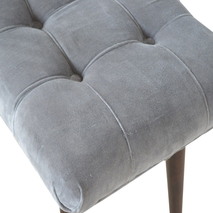 Grey Cotton Velvet Curved Bench - Solid Mango Wood Seating Furniture for Entryway - product view 3 showing handcrafted...