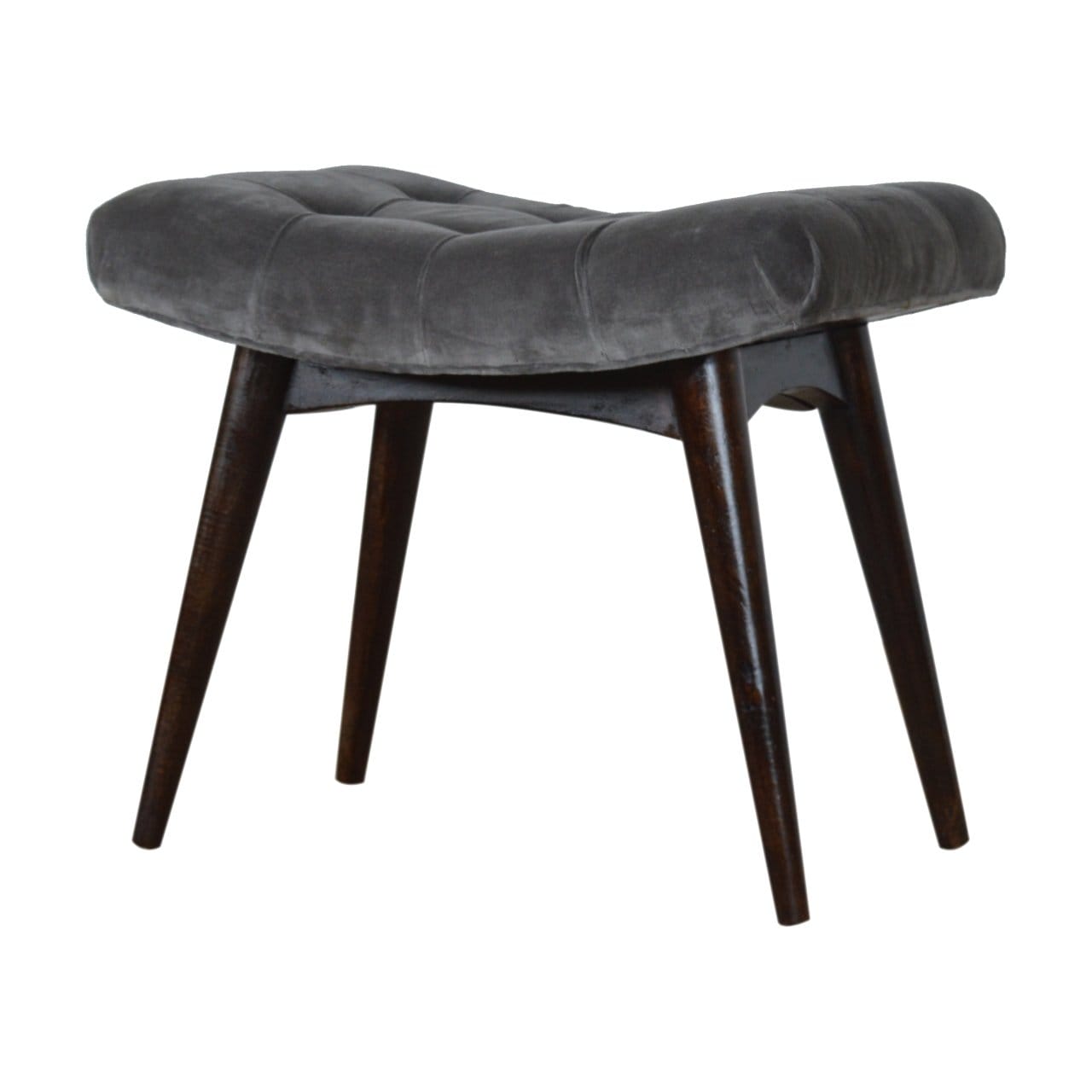 Grey Cotton Velvet Curved Bench - Solid Mango Wood Seating Furniture for Entryway - product view 2 showing handcrafted...