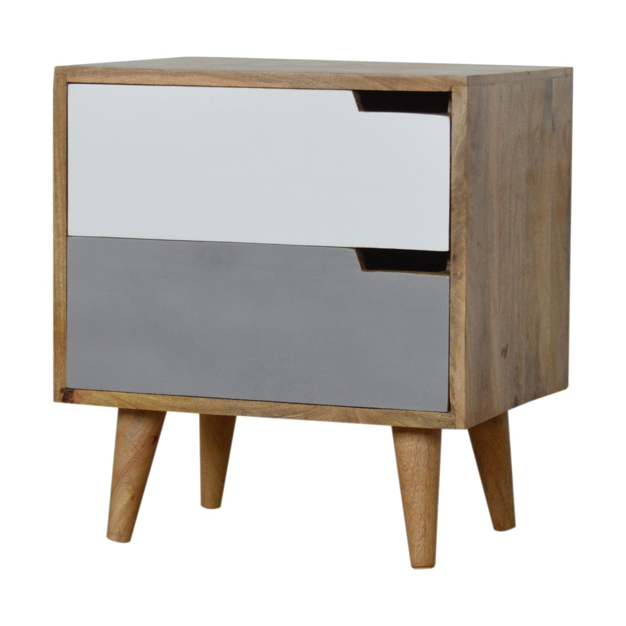 Grey Painted Cut-out Nightstand - Solid Mango Wood Bedside Table for Bedroom - main view showing handcrafted solid mango...