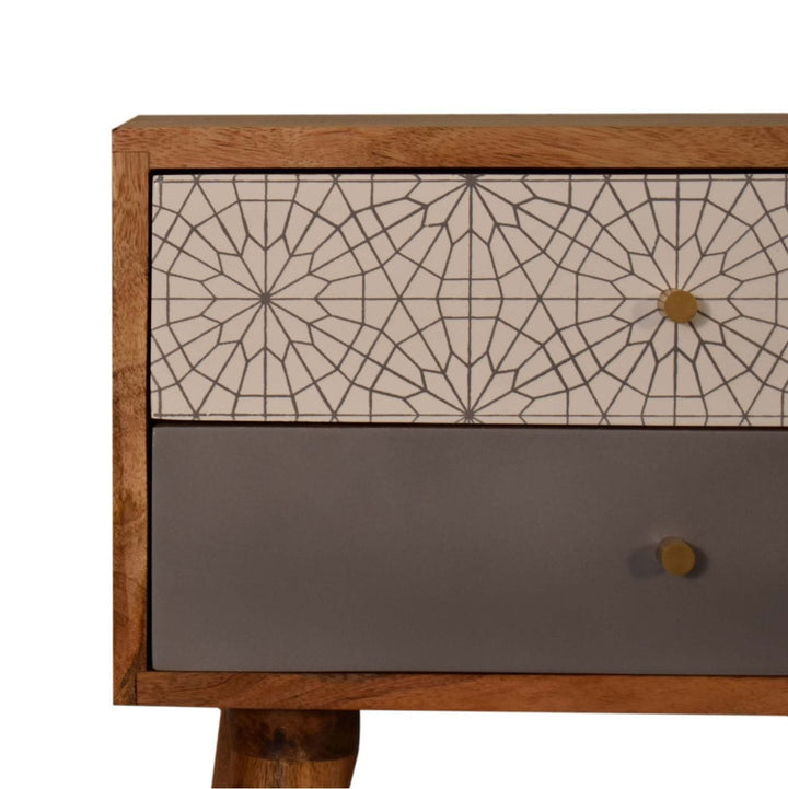 Grey Patterned Nightstand - Solid Mango Wood Bedside Table for Bedroom - product view 6 showing handcrafted solid mango...