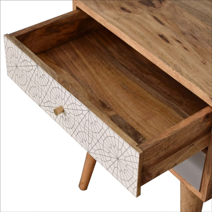 Grey Patterned Nightstand - Solid Mango Wood Bedside Table for Bedroom - product view 5 showing handcrafted solid mango...