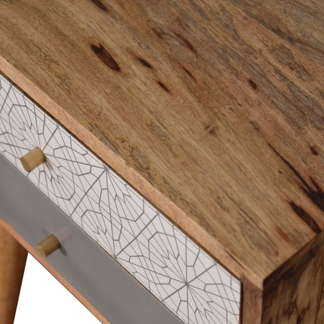 Grey Patterned Nightstand - Solid Mango Wood Bedside Table for Bedroom - product view 4 showing handcrafted solid mango...