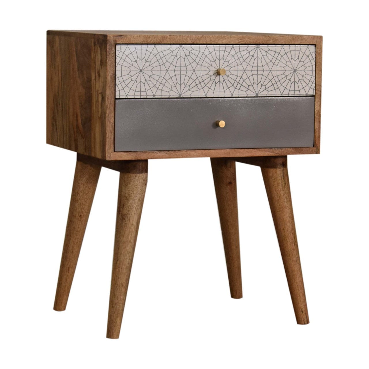 Grey Patterned Nightstand - Solid Mango Wood Bedside Table for Bedroom - product view 3 showing handcrafted solid mango...