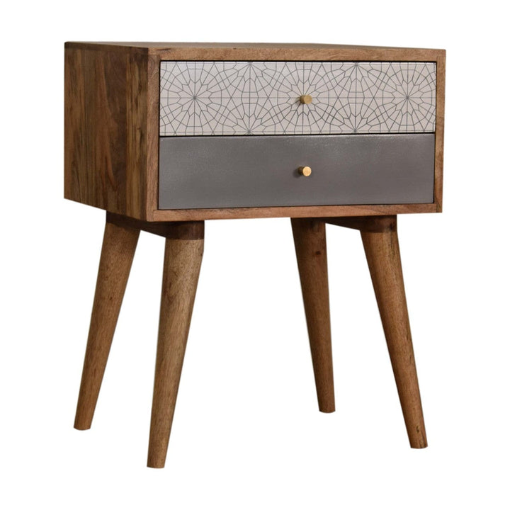 Grey Patterned Nightstand - Solid Mango Wood Bedside Table for Bedroom - product view 3 showing handcrafted solid mango...
