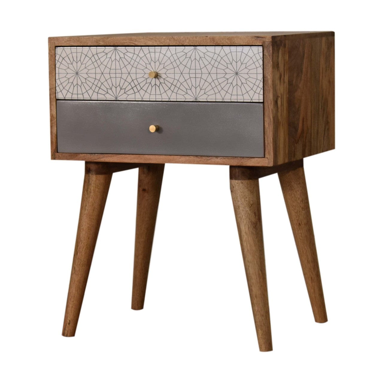 Grey Patterned Nightstand - Solid Mango Wood Bedside Table for Bedroom - product view 2 showing handcrafted solid mango...