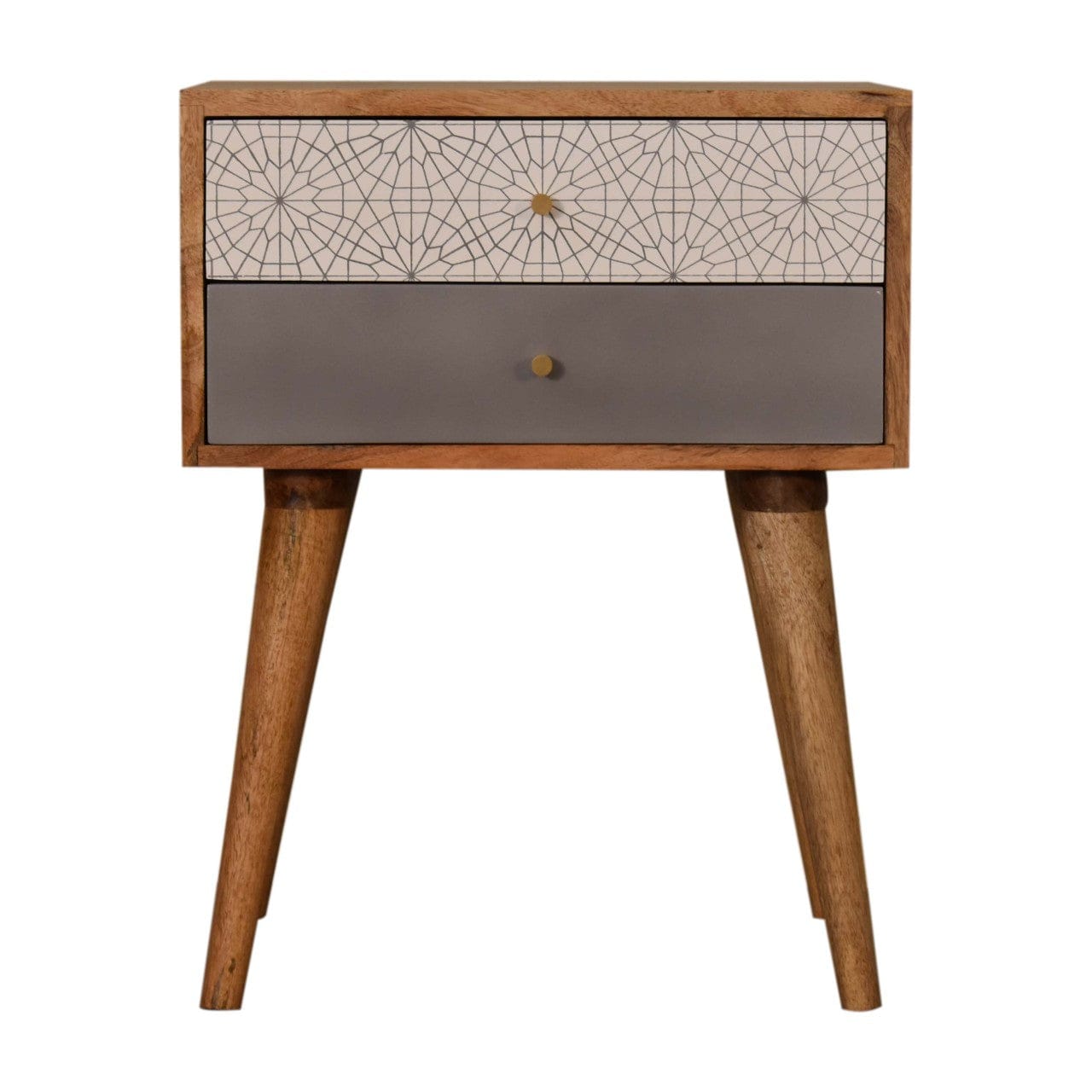 Grey Patterned Nightstand - Solid Mango Wood Bedside Table for Bedroom - main view showing handcrafted solid mango wood...