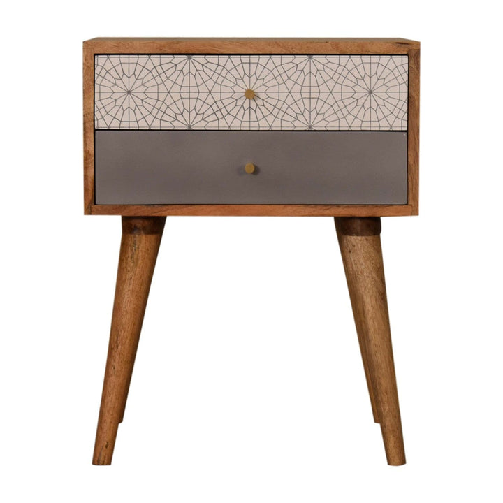 Grey Patterned Nightstand - Solid Mango Wood Bedside Table for Bedroom - main view showing handcrafted solid mango wood...