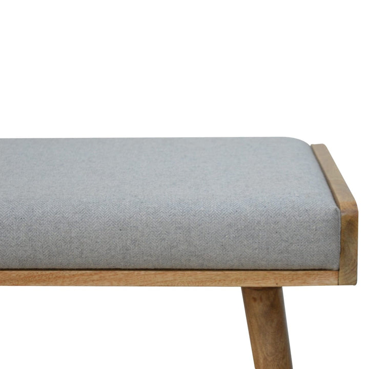 Grey Tweed Tray Style Footstool - Solid Mango Wood Accent Stool for Living Room - product view 8 showing handcrafted...