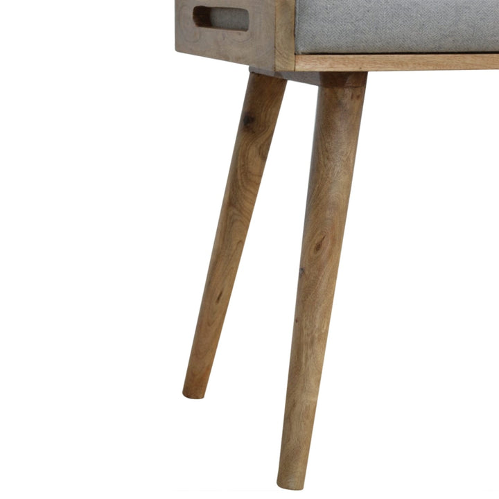 Grey Tweed Tray Style Footstool - Solid Mango Wood Accent Stool for Living Room - product view 6 showing handcrafted...