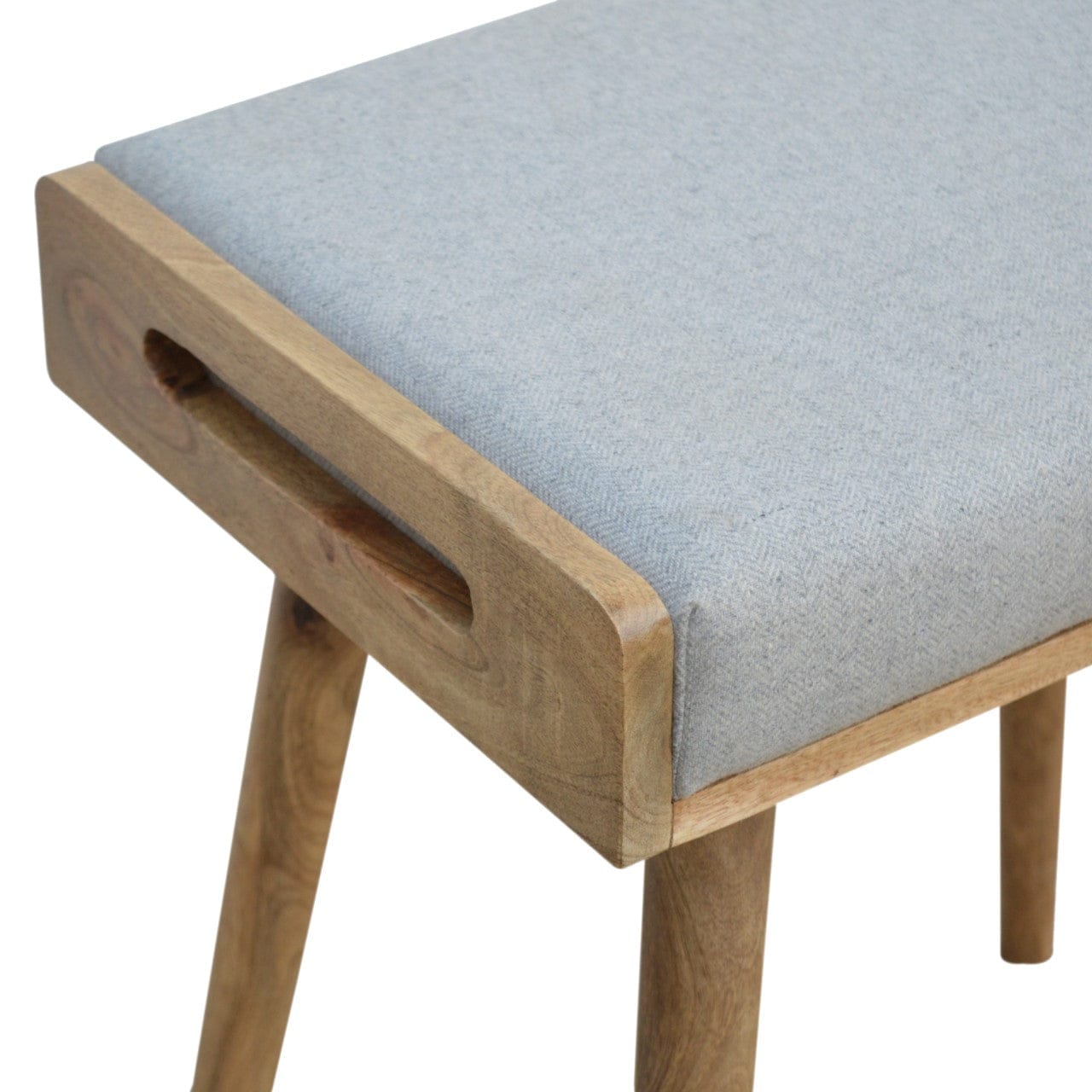 Grey Tweed Tray Style Footstool - Solid Mango Wood Accent Stool for Living Room - product view 5 showing handcrafted...