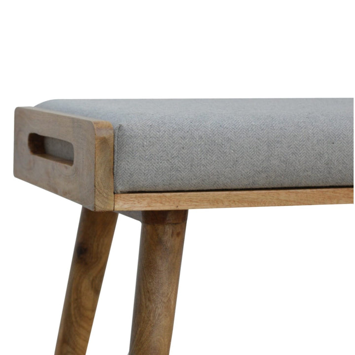 Grey Tweed Tray Style Footstool - Solid Mango Wood Accent Stool for Living Room - product view 4 showing handcrafted...