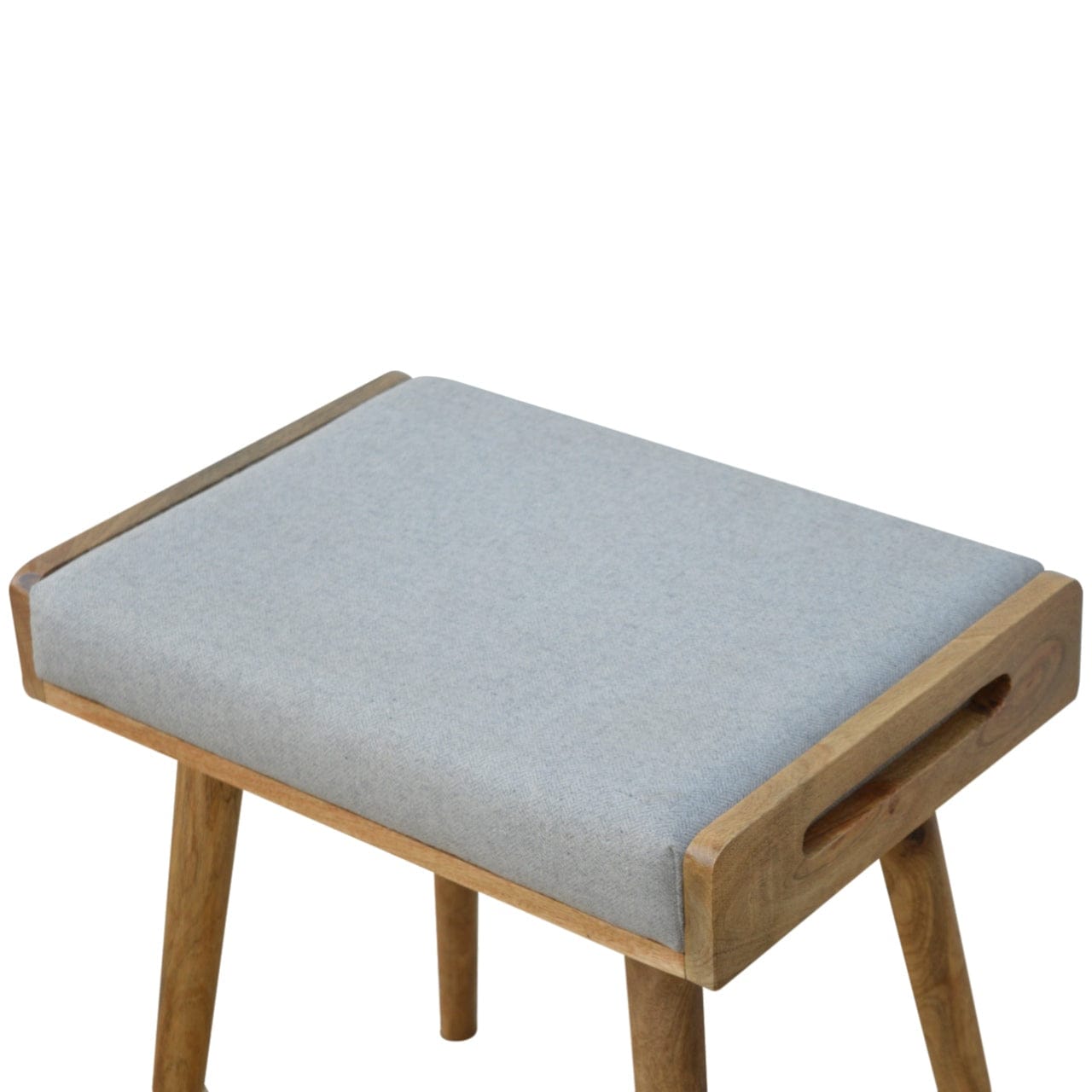 Grey Tweed Tray Style Footstool - Solid Mango Wood Accent Stool for Living Room - product view 3 showing handcrafted...