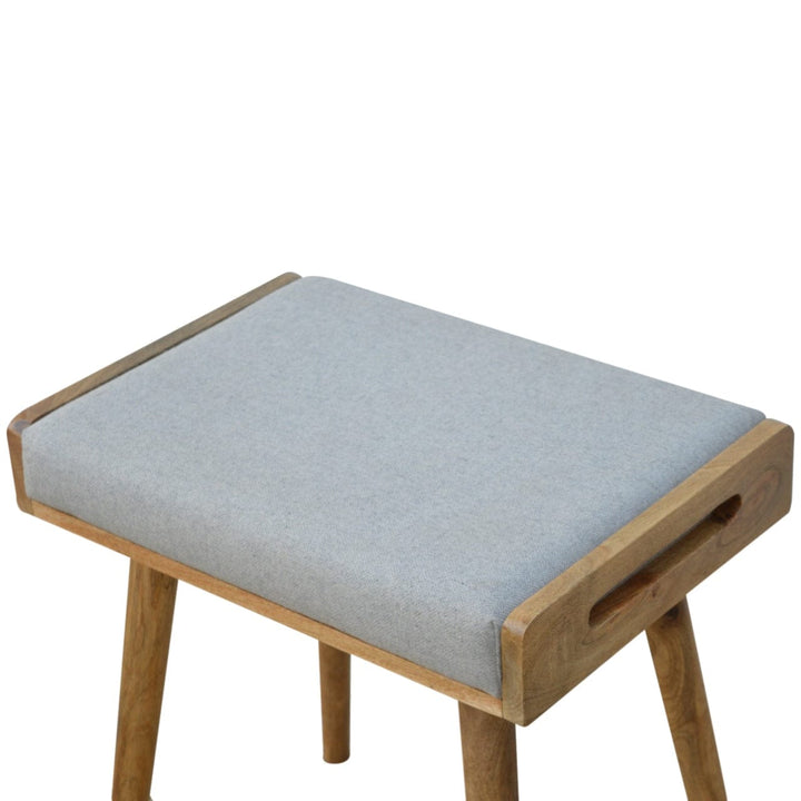 Grey Tweed Tray Style Footstool - Solid Mango Wood Accent Stool for Living Room - product view 3 showing handcrafted...