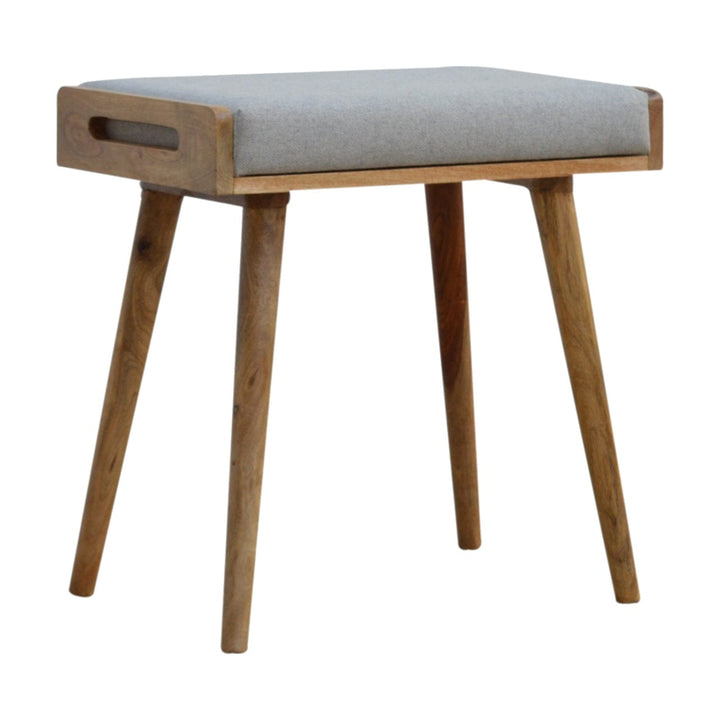 Grey Tweed Tray Style Footstool - Solid Mango Wood Accent Stool for Living Room - product view 2 showing handcrafted...