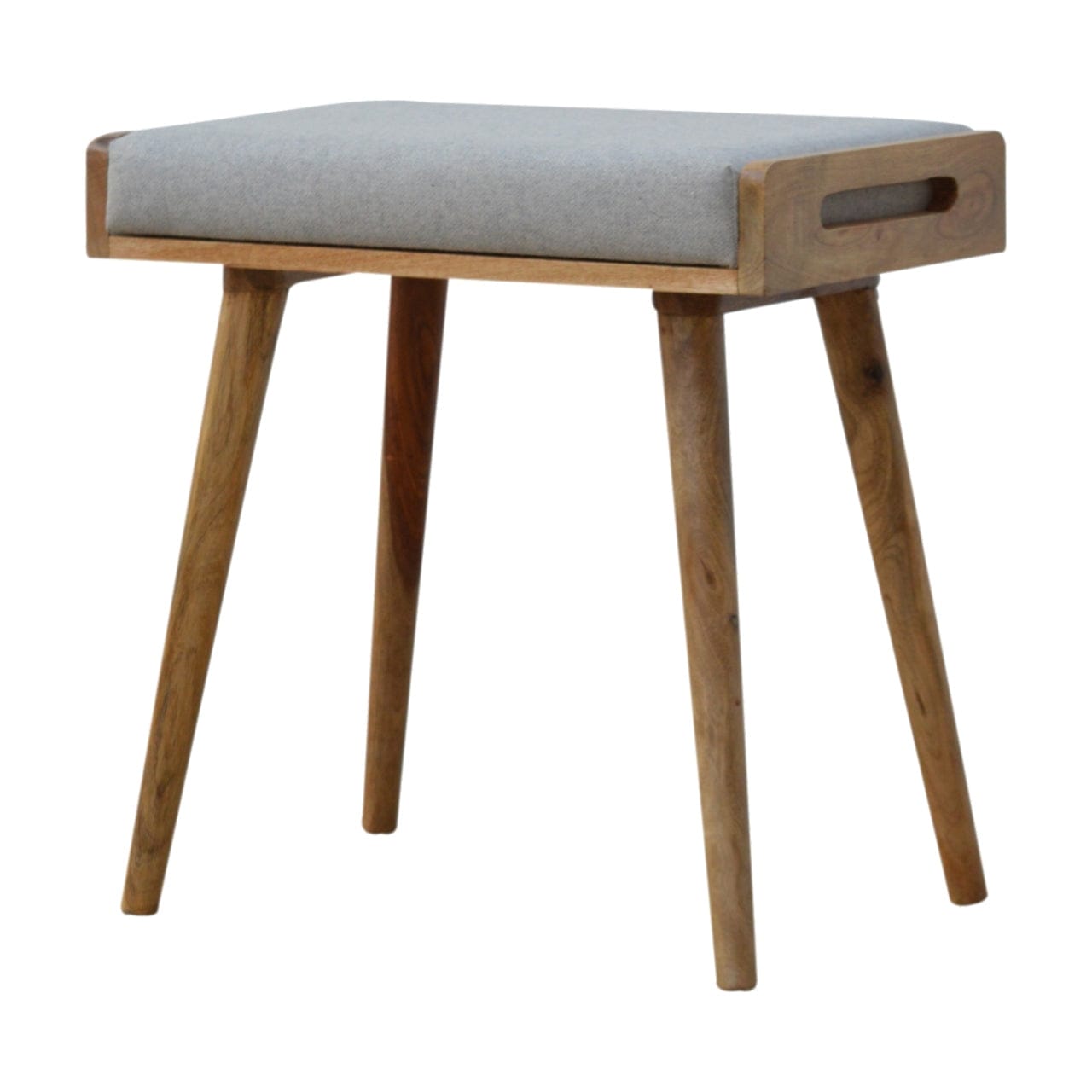 Grey Tweed Tray Style Footstool - Solid Mango Wood Accent Stool for Living Room - main view showing handcrafted solid...