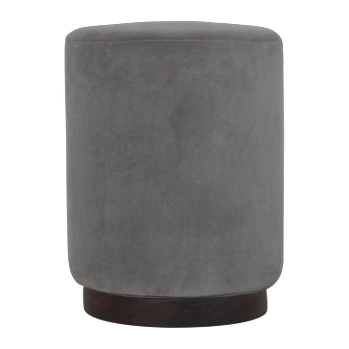 Grey Velvet Wooden Footstool - Solid Mango Wood Accent Stool for Living Room - main view showing handcrafted solid mango...
