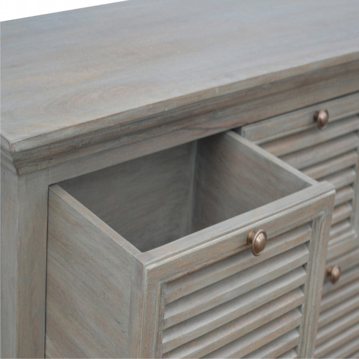 Grey Wash 5 Shutter Buffet for Dining Room in Solid Mango Wood - product view 3 showing handcrafted solid mango wood...