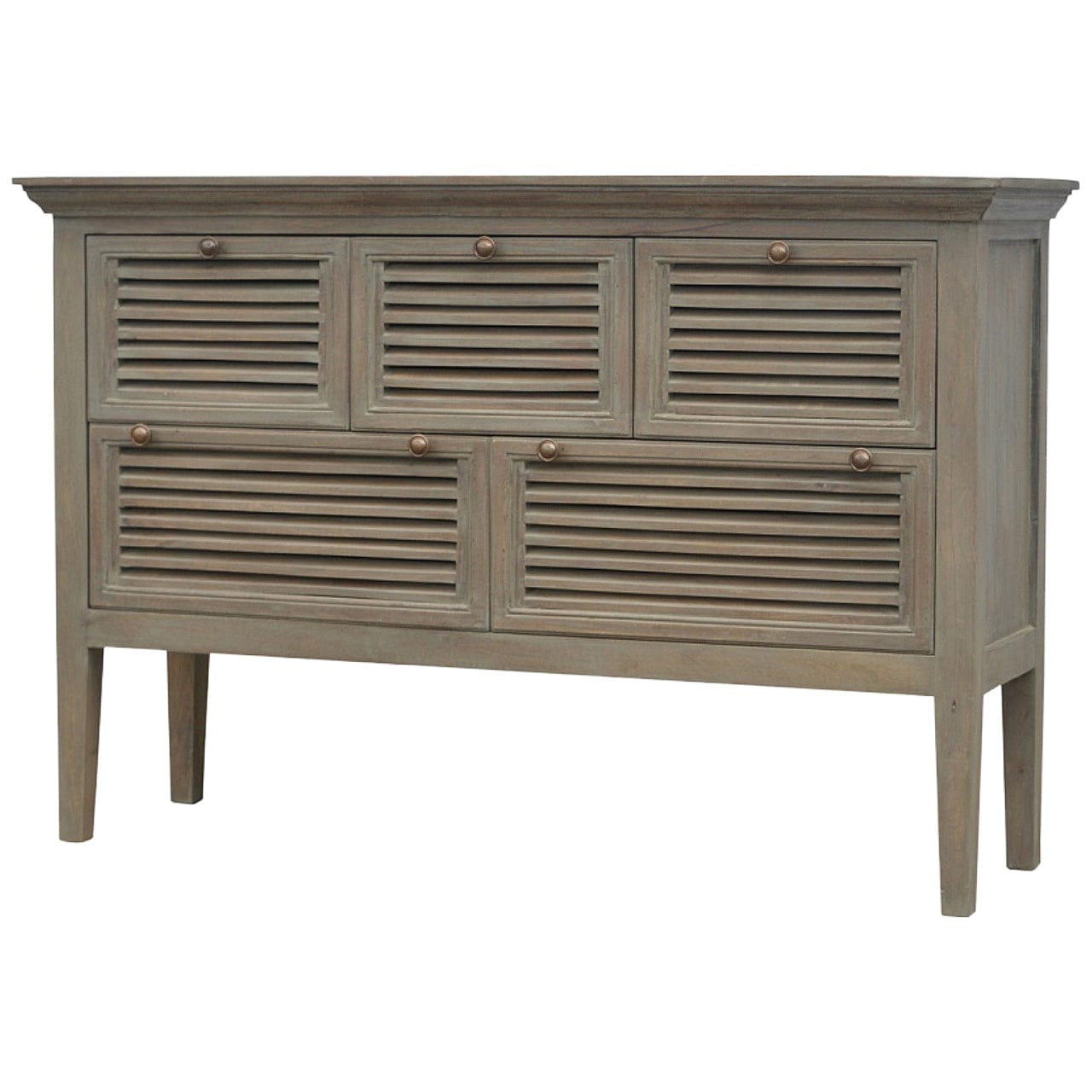 Grey Wash 5 Shutter Buffet for Dining Room in Solid Mango Wood - product view 2 showing handcrafted solid mango wood...