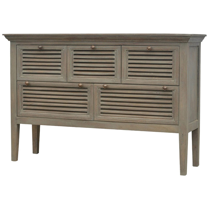 Grey Wash 5 Shutter Buffet for Dining Room in Solid Mango Wood - product view 2 showing handcrafted solid mango wood...