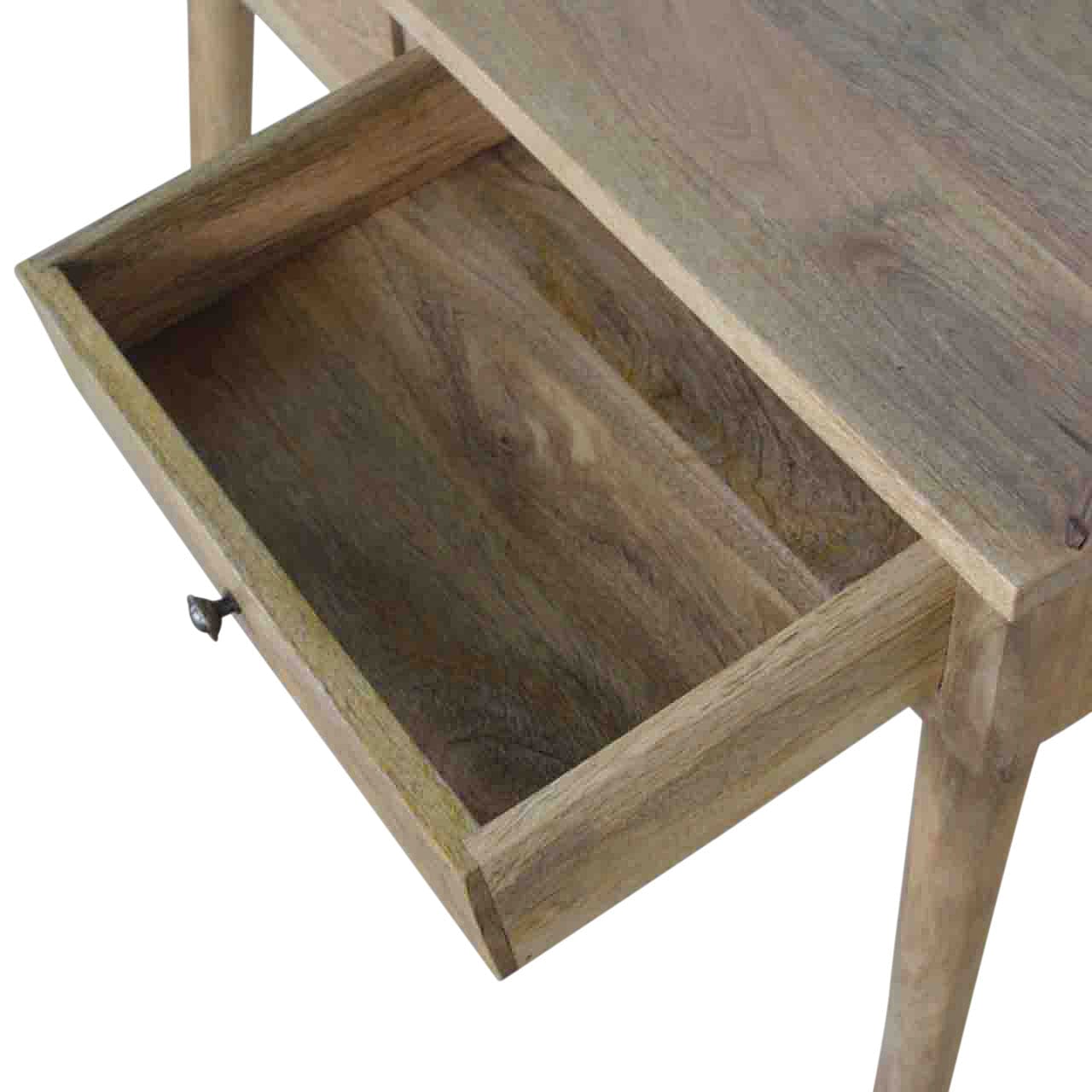 Open drawer of a mango wood hallway console table, showcasing the handcrafted design and solid mango wood construction.