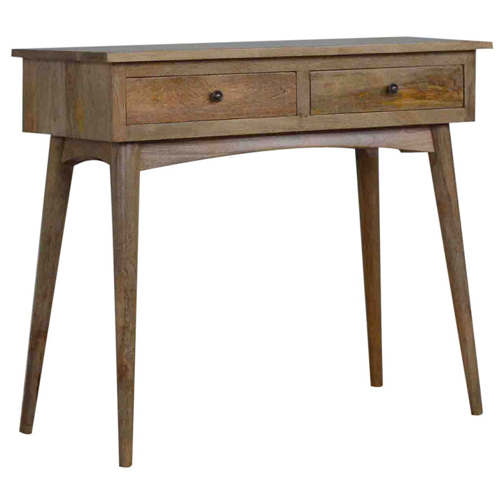 mango wood hallway console table with two drawers, perfect for entryway styling and storage.
