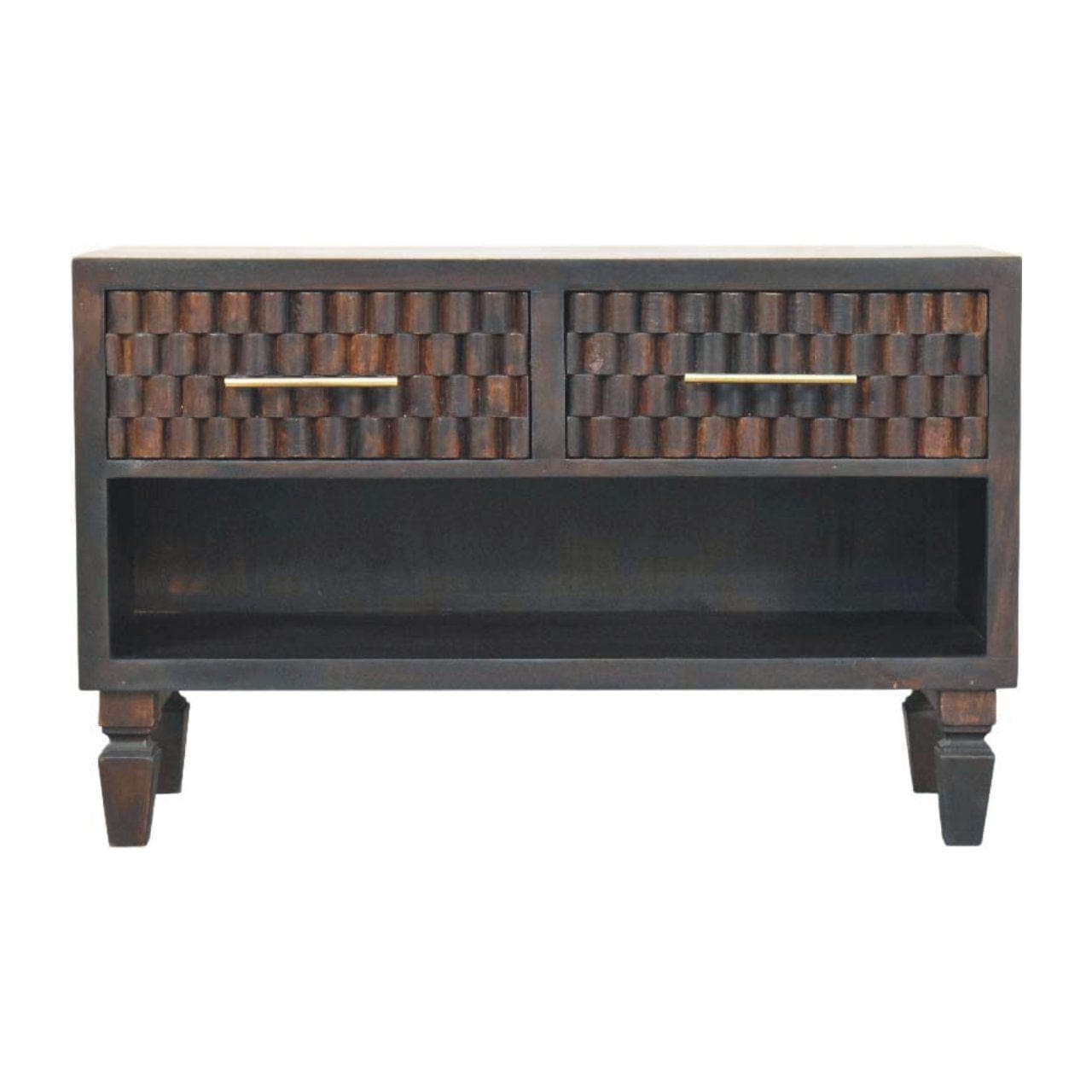 Handcrafted shoe storage unit in solid mango wood with two drawers and open shelf, perfect for entryway organization.