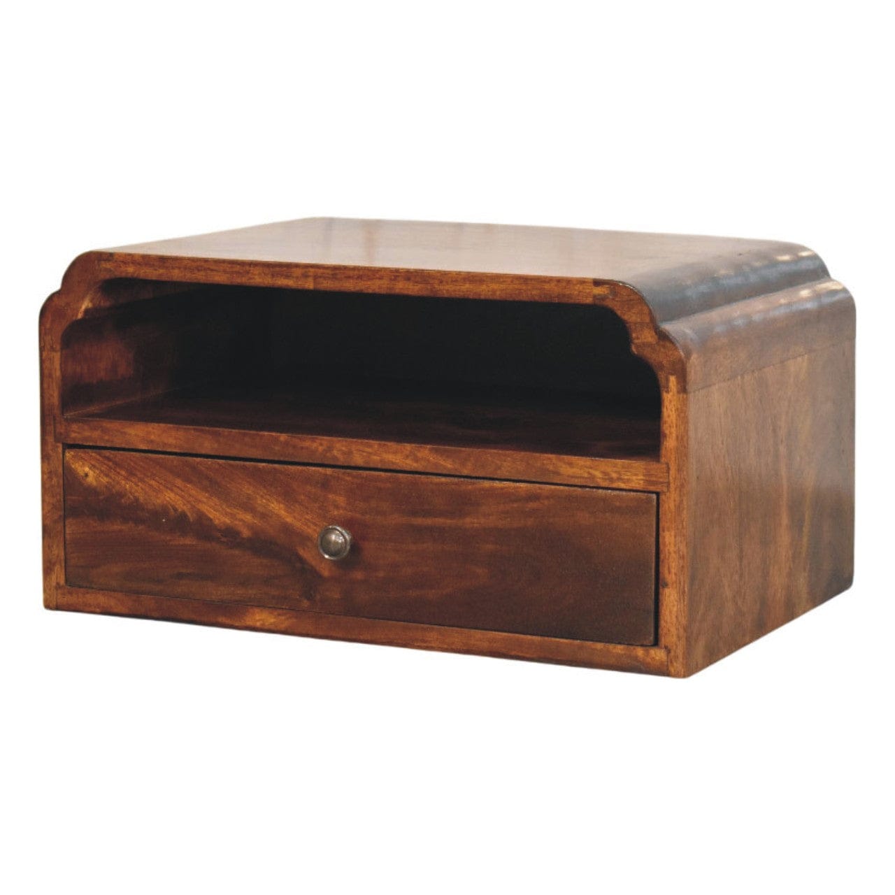 Handcrafted Avora Wall-Mounted Chestnut Nightstand - Solid Mango Wood Bedside Table for Bedroom - product view 3 showing...