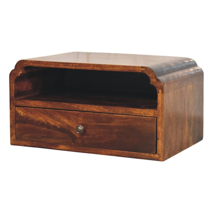 Handcrafted Avora Wall-Mounted Chestnut Nightstand - Solid Mango Wood Bedside Table for Bedroom - product view 3 showing...