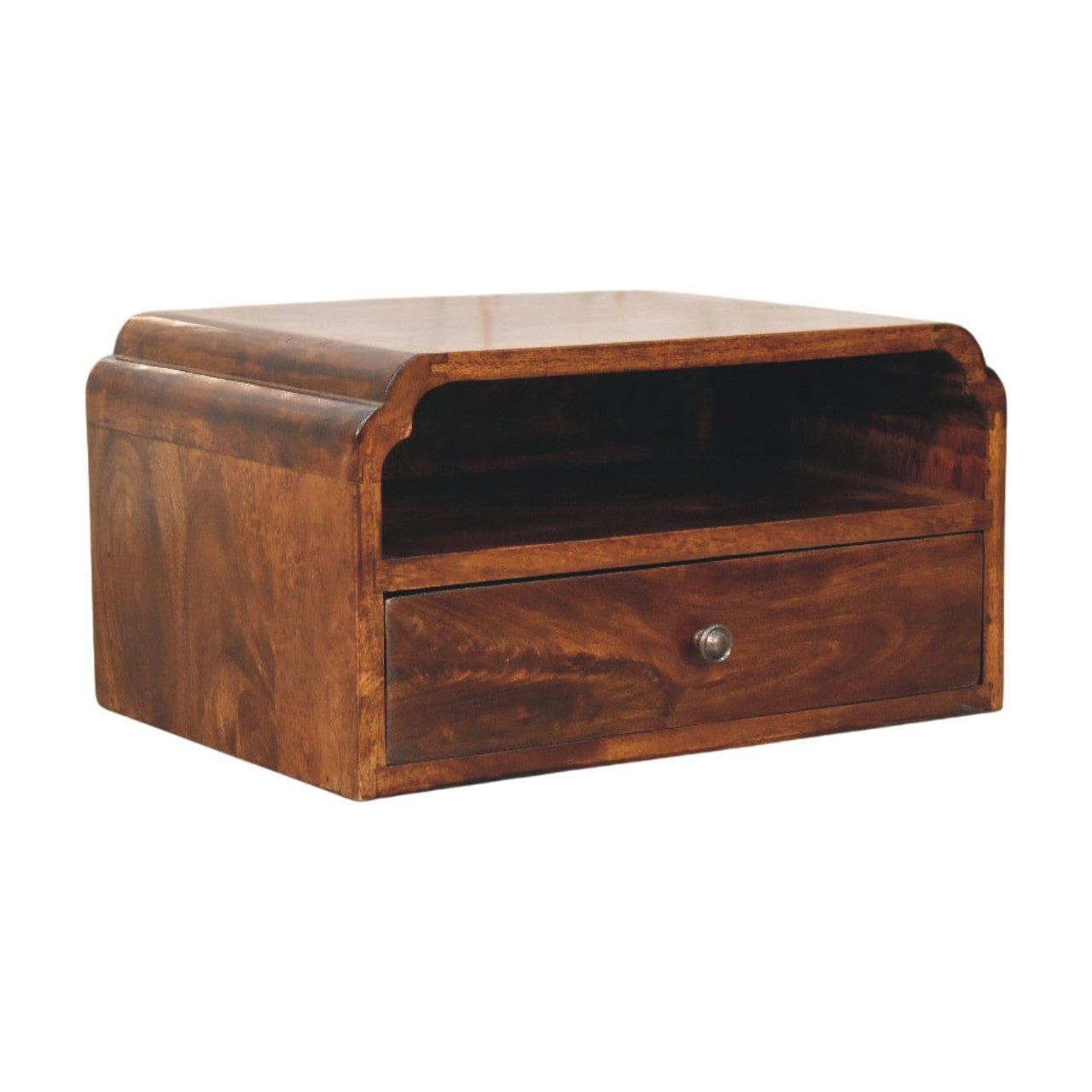 Handcrafted Avora Wall-Mounted Chestnut Nightstand - Solid Mango Wood Bedside Table for Bedroom - product view 2 showing...