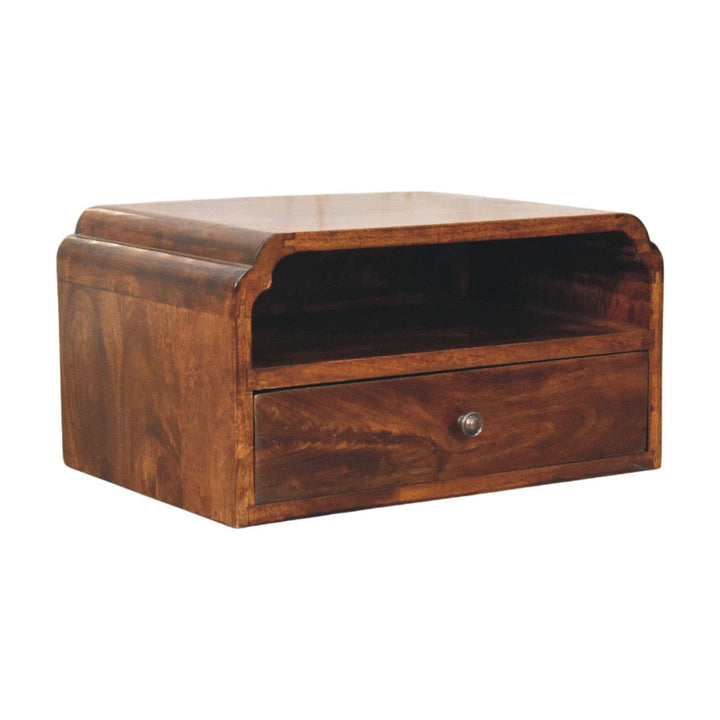 Handcrafted Avora Wall-Mounted Chestnut Nightstand - Solid Mango Wood Bedside Table for Bedroom - product view 2 showing...