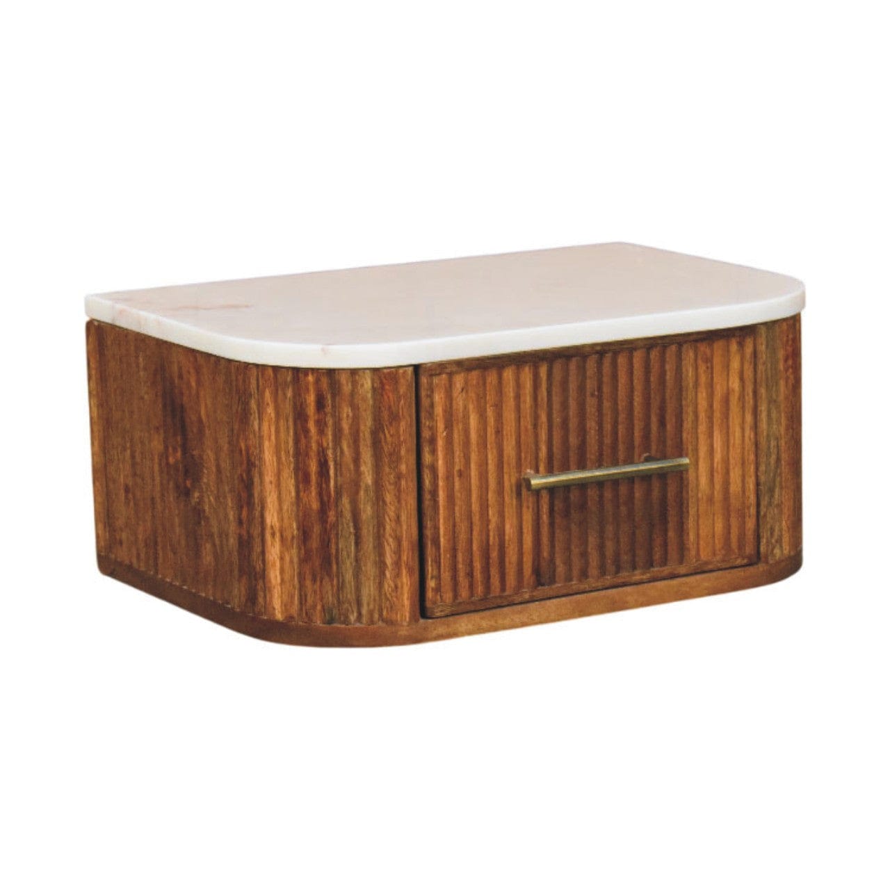 Handcrafted mango wood nightstand with a curved top and a single drawer, perfect for bedroom storage.
