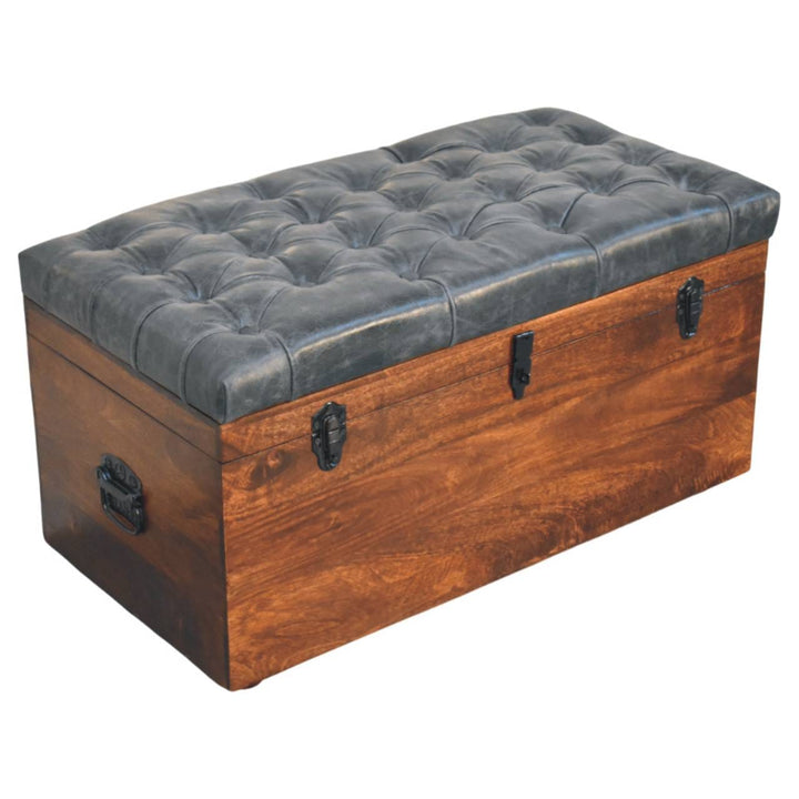 Handcrafted Black Buffalo hide leather Storage Trunk - Solid Mango Wood Blanket Chest for Bedroom - product view 6...