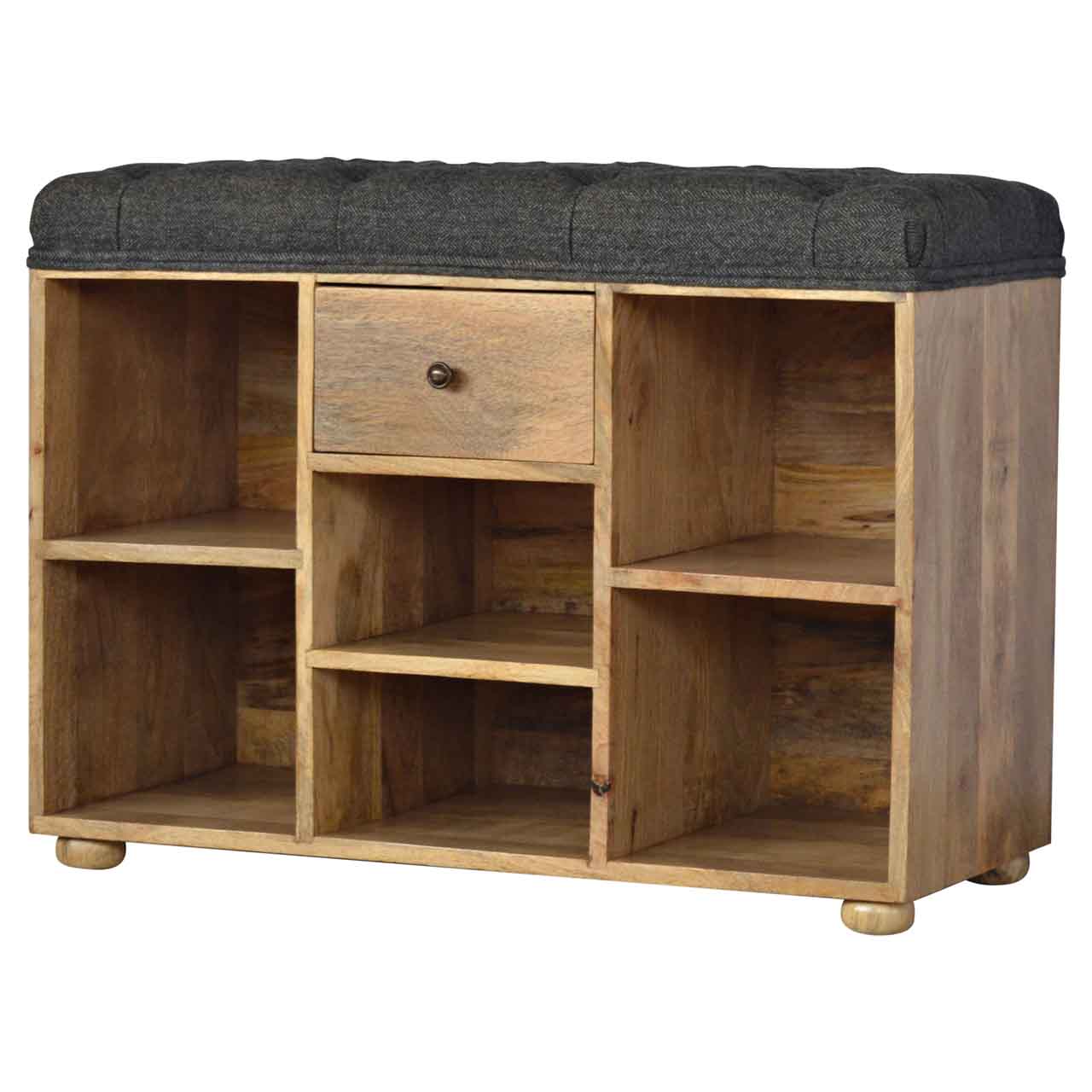 Handcrafted mango wood entryway bench with storage compartments and a padded seat for comfortable seating.