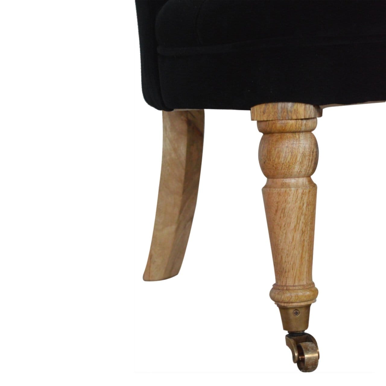 Handcrafted Black Velvet Accent Chair in Solid Mango Wood - product view 6 showing handcrafted solid mango wood chair