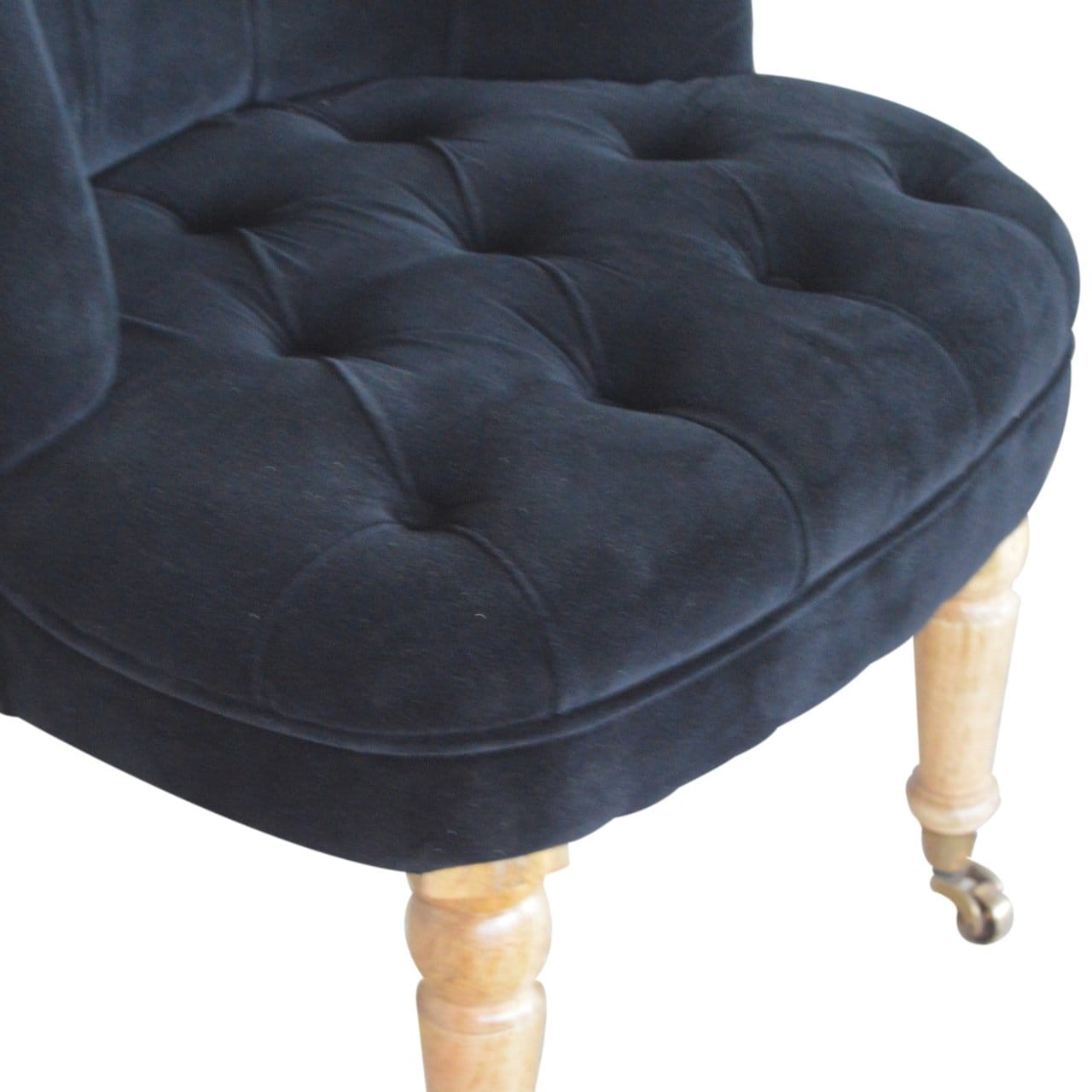 Handcrafted Black Velvet Accent Chair in Solid Mango Wood - product view 5 showing handcrafted solid mango wood chair
