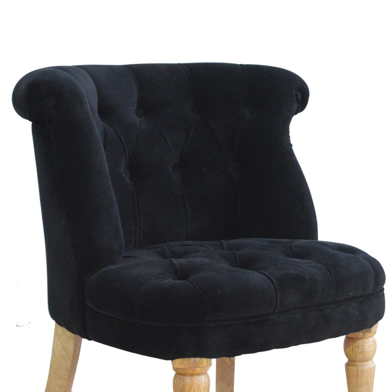 Handcrafted Black Velvet Accent Chair in Solid Mango Wood - product view 3 showing handcrafted solid mango wood chair