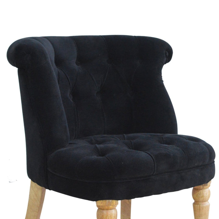 Handcrafted Black Velvet Accent Chair in Solid Mango Wood - product view 3 showing handcrafted solid mango wood chair